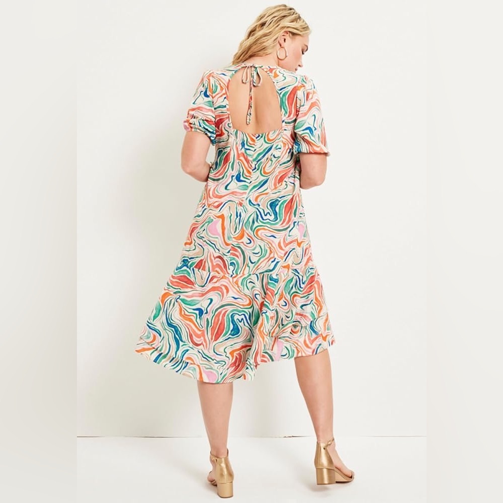 NWT June + Vie Printed Watercolor Marble Multicolor Hi-Low Ruffle Midi Dress - Picture 2 of 11